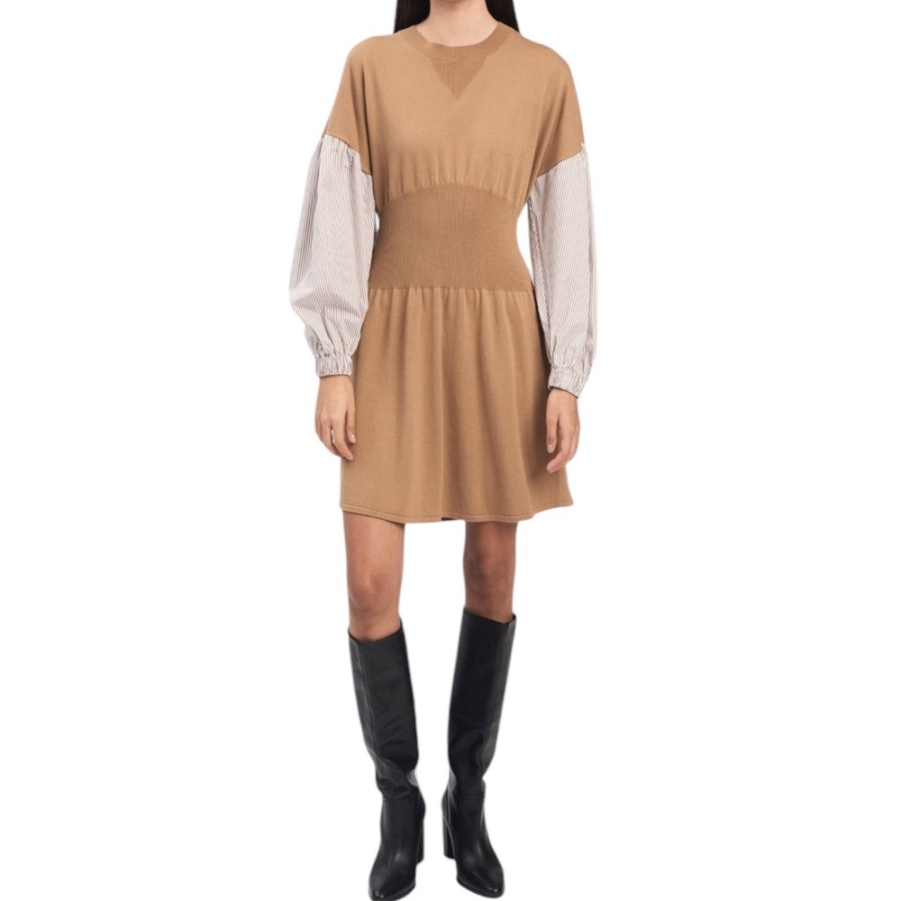10 Crosby Derek Lam Sweater Shirt Dress Lainey Tan Print Long Sleeve Wool NEW